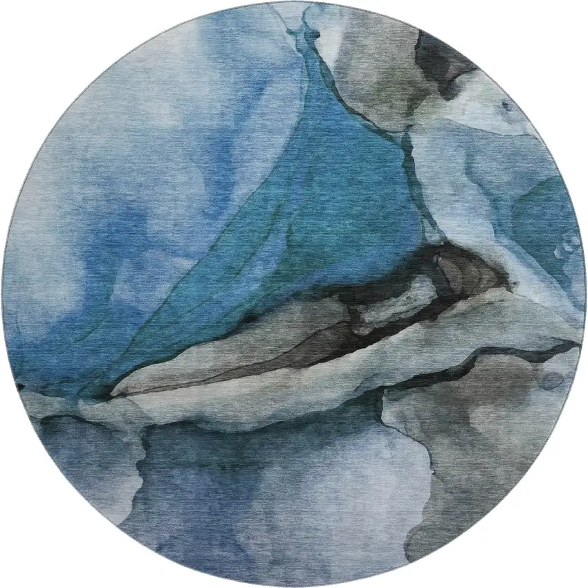 8' Blue Gray And Silver Abstract Washable Round Rug With UV Protection Photo 1