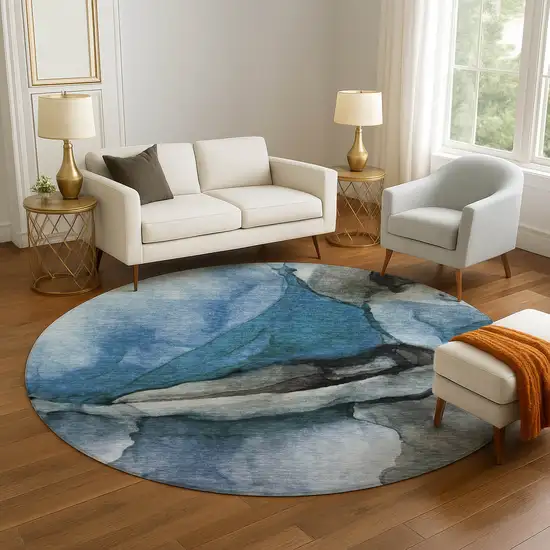 8' Blue Gray And Silver Abstract Washable Round Rug With UV Protection Photo 4