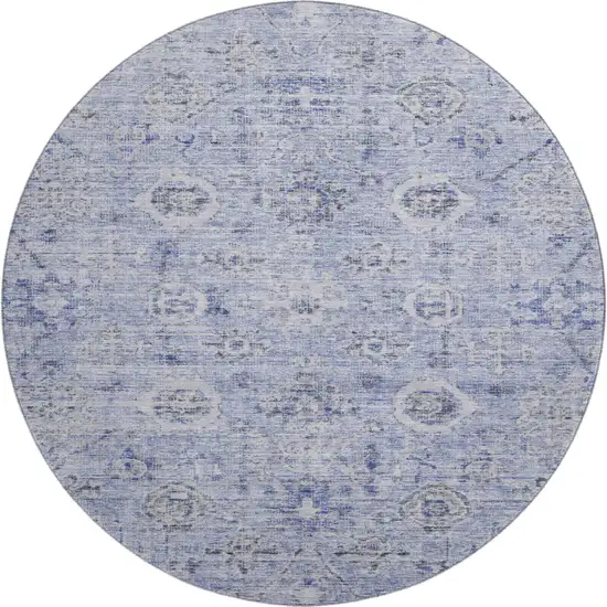 8' Blue Gray And Silver Damask Washable Round Rug With UV Protection Photo 1