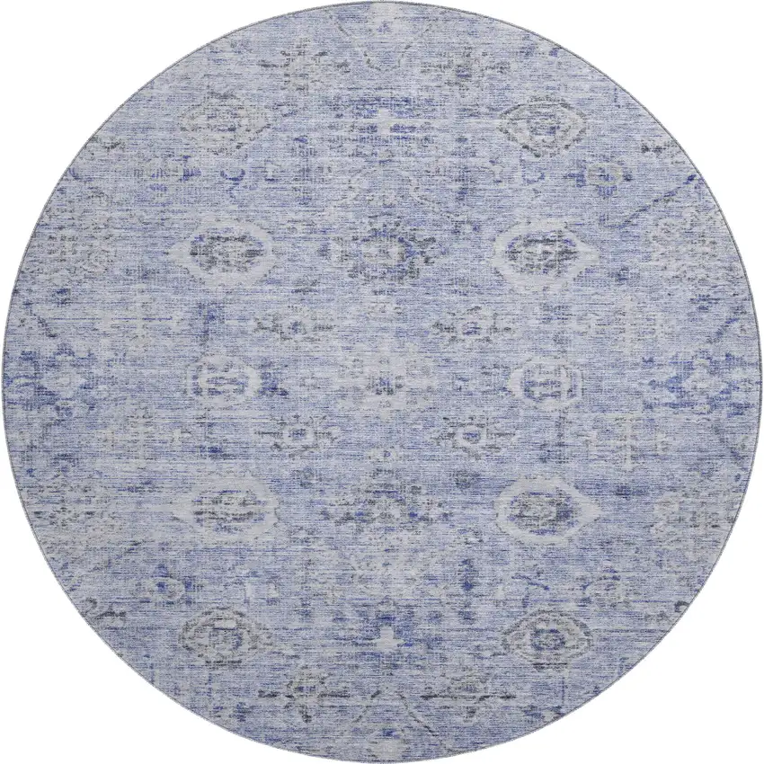 8' Blue Gray And Silver Damask Washable Round Rug With UV Protection Photo 1