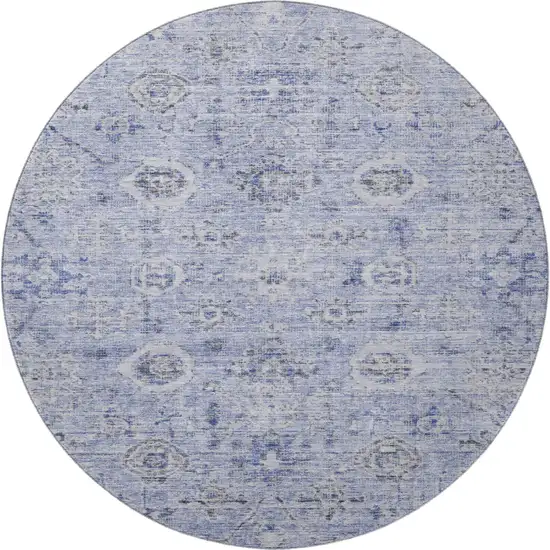 8' Blue Gray And Silver Damask Washable Round Rug With UV Protection Photo 3