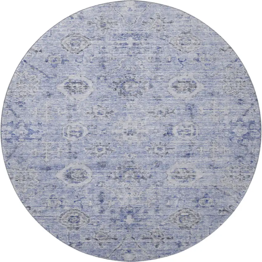 8' Blue Gray And Silver Damask Washable Round Rug With UV Protection Photo 3