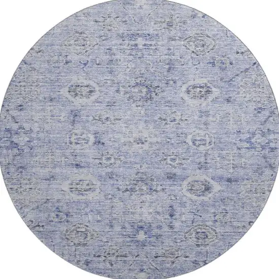 8' Blue Gray And Silver Damask Washable Round Rug With UV Protection Photo 2