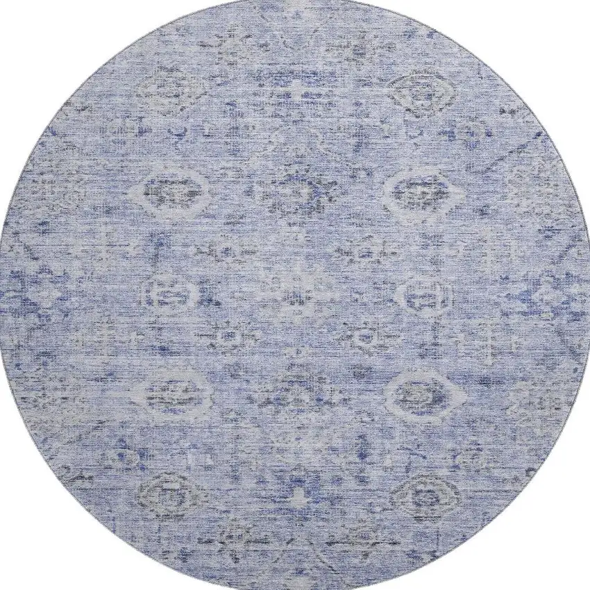 8' Blue Gray And Silver Damask Washable Round Rug With UV Protection Photo 2