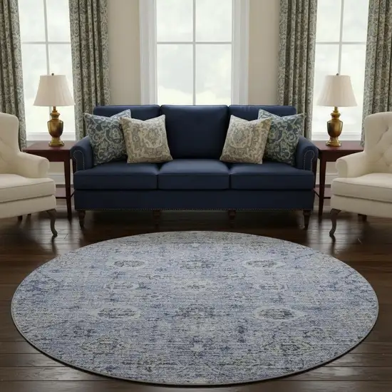 8' Blue Gray And Silver Damask Washable Round Rug With UV Protection Photo 2