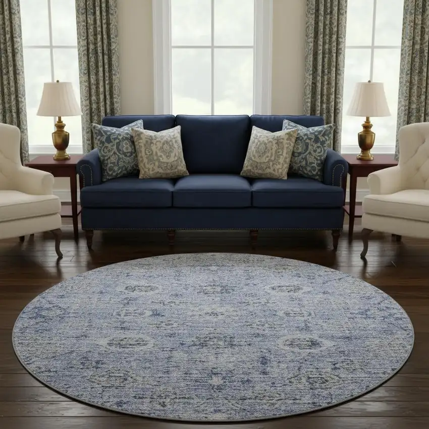 8' Blue Gray And Silver Damask Washable Round Rug With UV Protection Photo 2