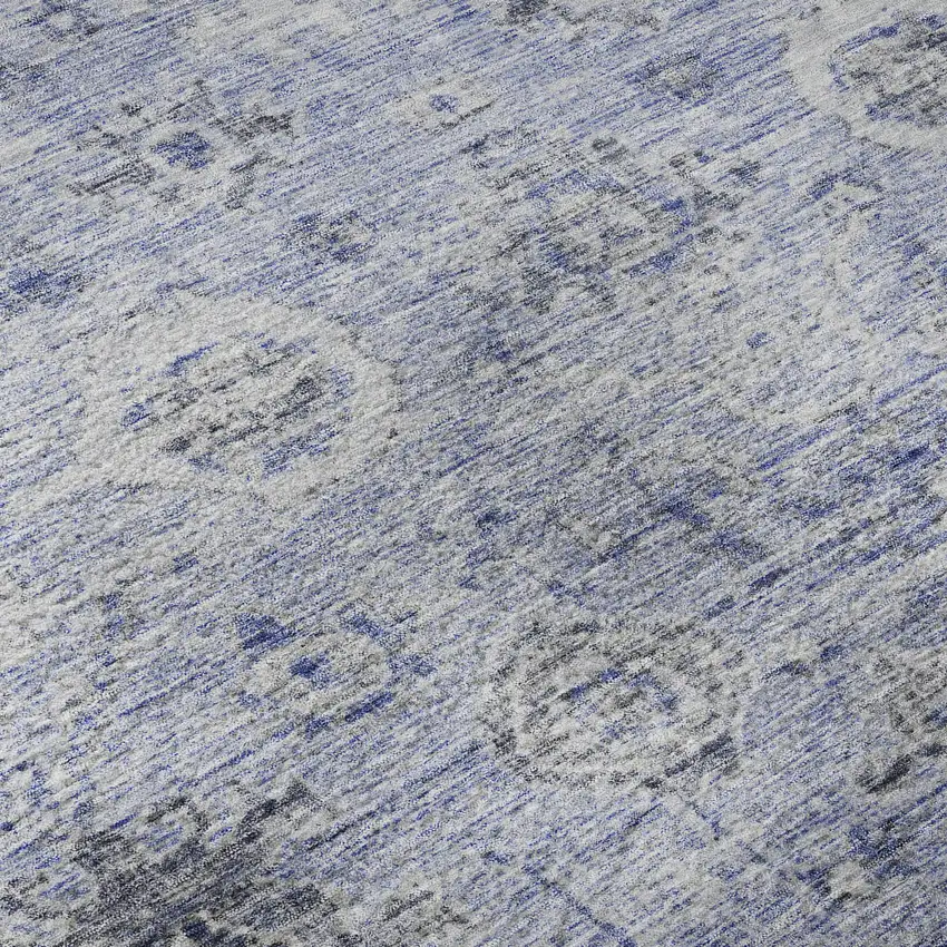 8' Blue Gray And Silver Damask Washable Round Rug With UV Protection Photo 8