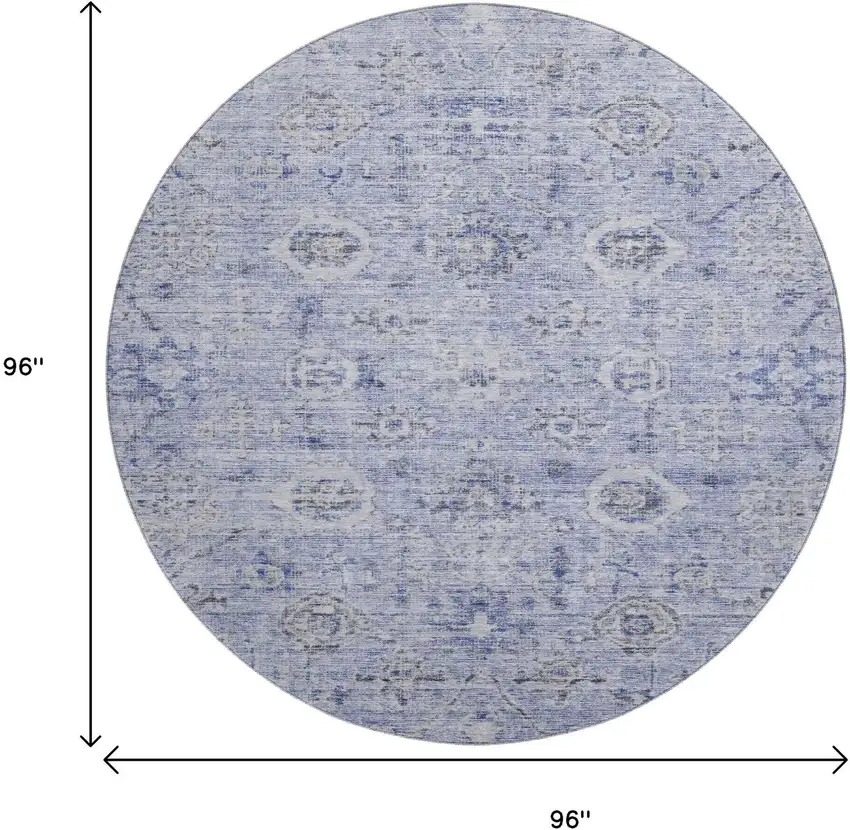 8' Blue Gray And Silver Damask Washable Round Rug With UV Protection Photo 9