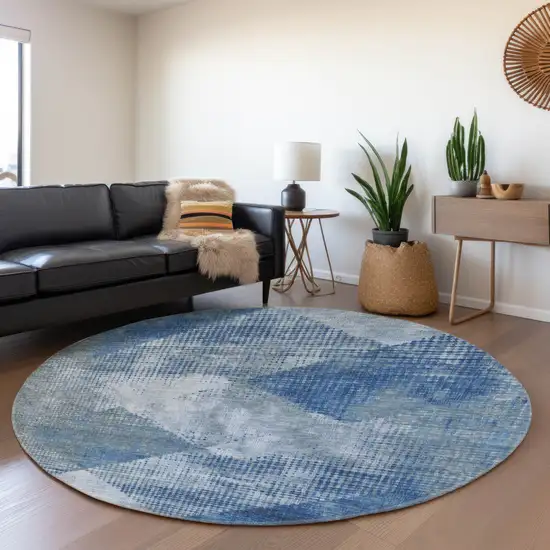 8' Blue Gray And Silver Diamond Washable Round Rug With UV Protection Photo 4