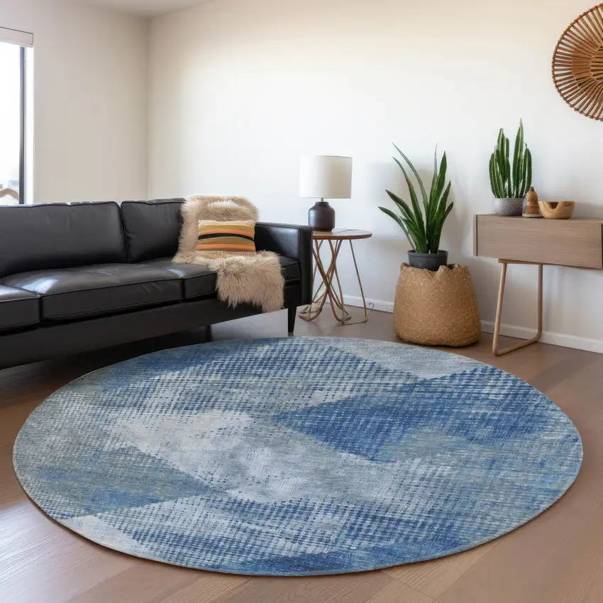8' Blue Gray And Silver Diamond Washable Round Rug With UV Protection Photo 4