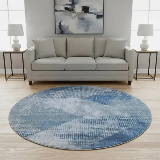 8' Blue Gray And Silver Diamond Washable Round Rug With UV Protection Photo 2