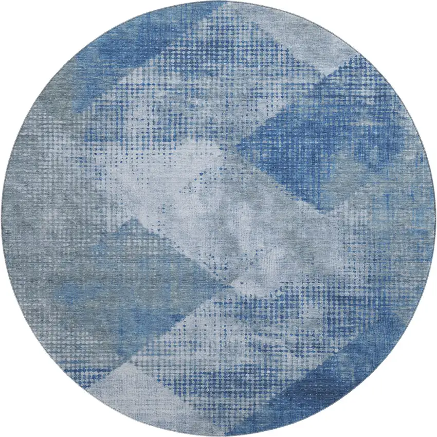 8' Blue Gray And Silver Diamond Washable Round Rug With UV Protection Photo 1