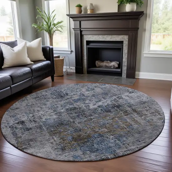 8' Blue Gray And Silver Floral Medallion Washable Round Rug With UV Protection Photo 4