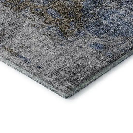 8' Blue Gray And Silver Floral Medallion Washable Round Rug With UV Protection Photo 6