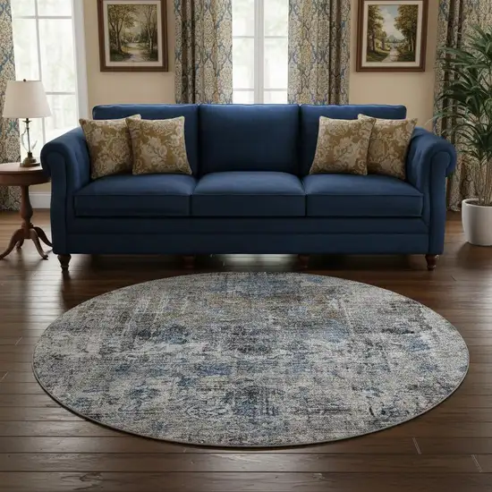 8' Blue Gray And Silver Floral Medallion Washable Round Rug With UV Protection Photo 2