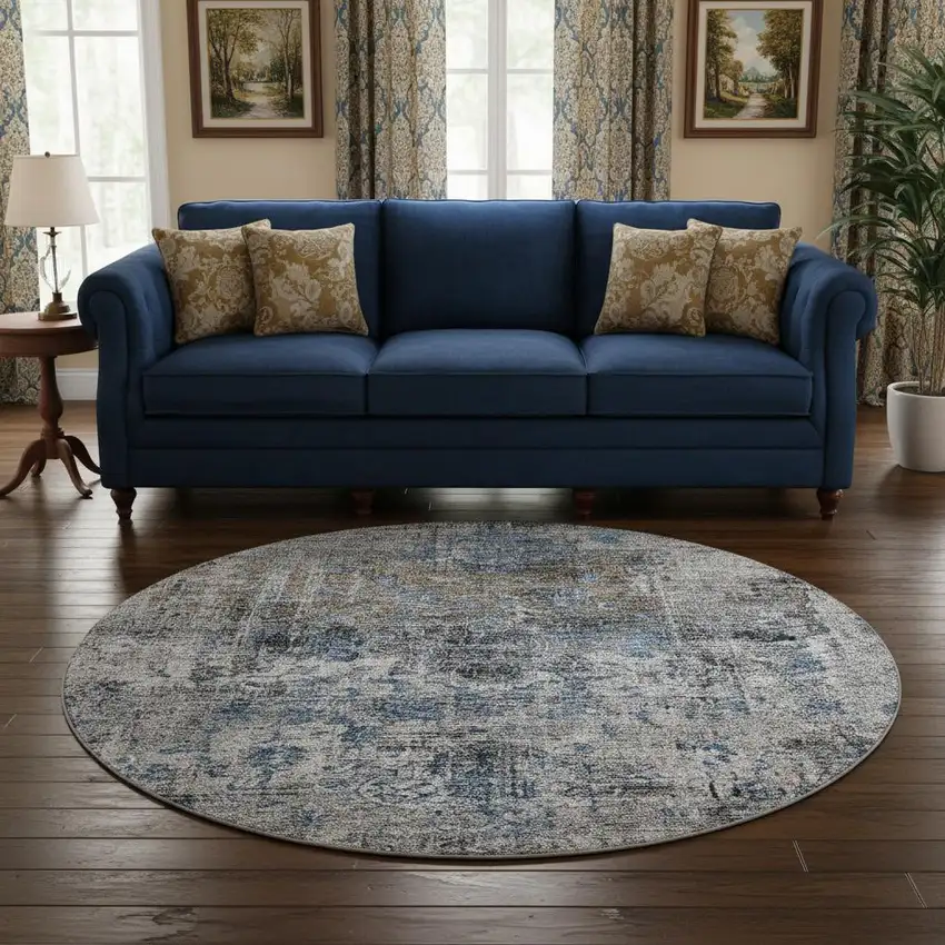 8' Blue Gray And Silver Floral Medallion Washable Round Rug With UV Protection Photo 2