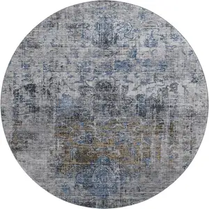 Photo of 8' Blue Gray And Silver Floral Medallion Washable Round Rug With UV Protection