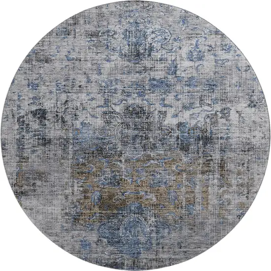 8' Blue Gray And Silver Floral Medallion Washable Round Rug With UV Protection Photo 1