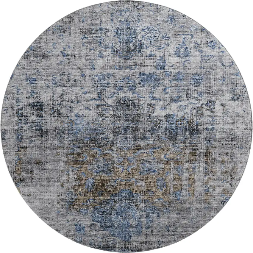 8' Blue Gray And Silver Floral Medallion Washable Round Rug With UV Protection Photo 1