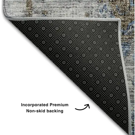 8' Blue Gray And Silver Floral Medallion Washable Round Rug With UV Protection Photo 5