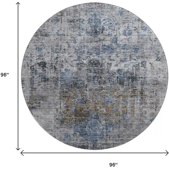 8' Blue Gray And Silver Floral Medallion Washable Round Rug With UV Protection Photo 9
