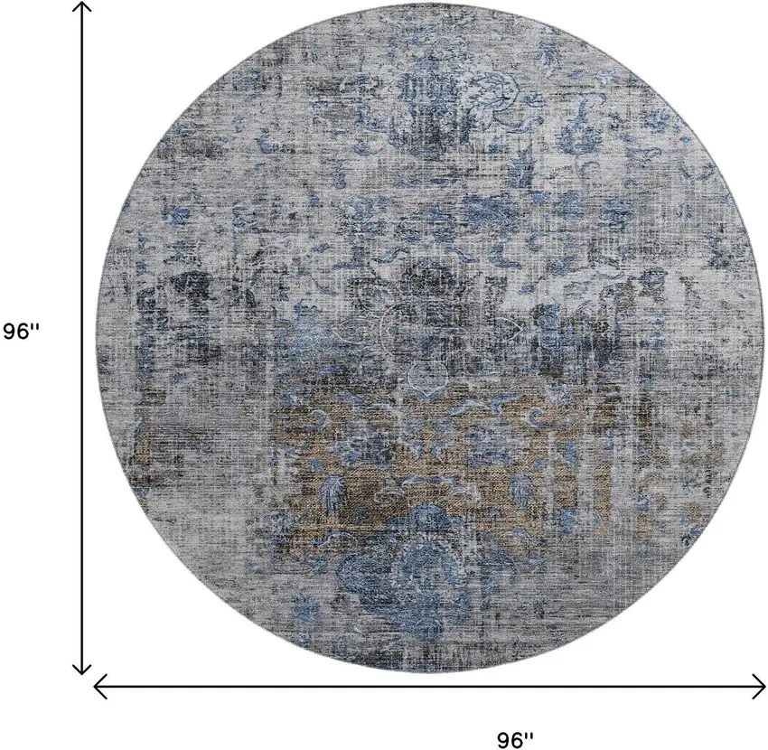 8' Blue Gray And Silver Floral Medallion Washable Round Rug With UV Protection Photo 9