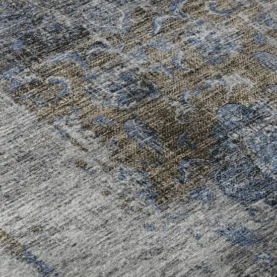 8' Blue Gray And Silver Floral Medallion Washable Round Rug With UV Protection Photo 8