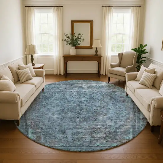 8' Blue Gray And Silver Floral Medallion Washable Round Rug With UV Protection Photo 4