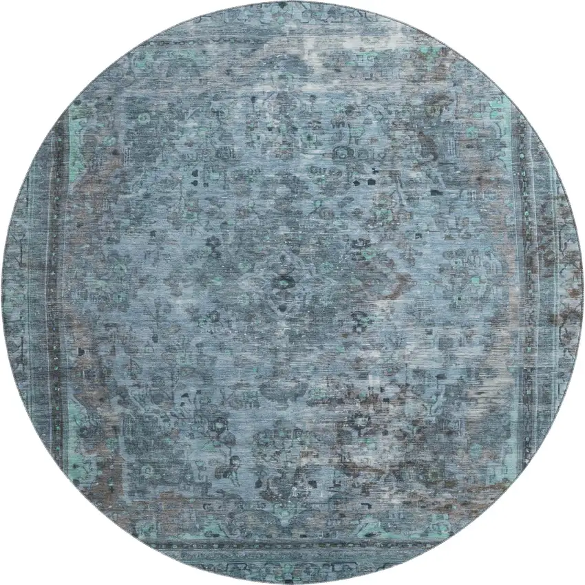 8' Blue Gray And Silver Floral Medallion Washable Round Rug With UV Protection Photo 1