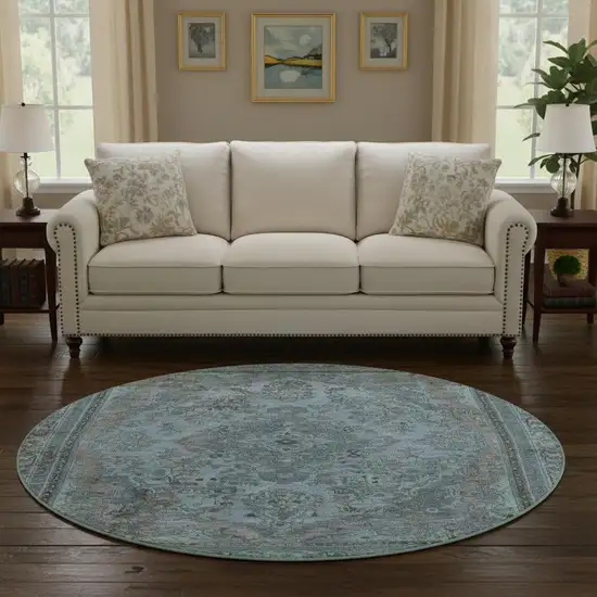 8' Blue Gray And Silver Floral Medallion Washable Round Rug With UV Protection Photo 2