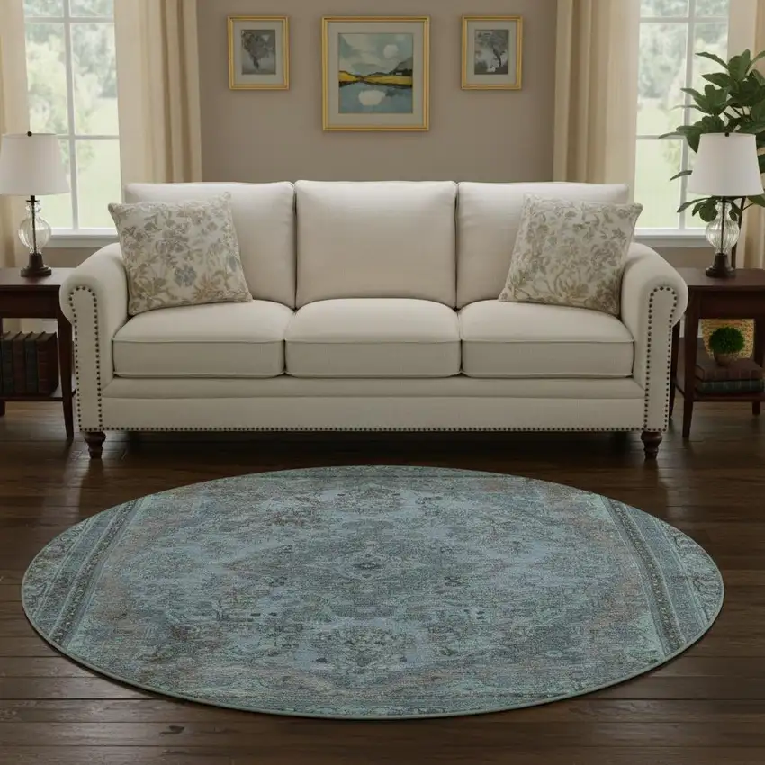 8' Blue Gray And Silver Floral Medallion Washable Round Rug With UV Protection Photo 2