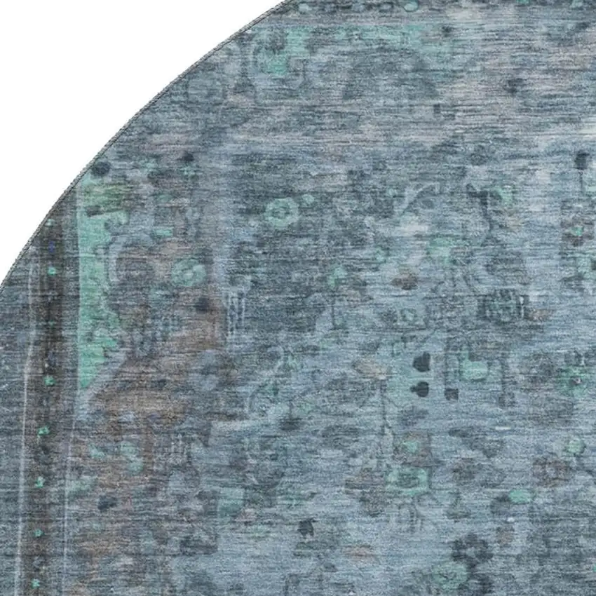 8' Blue Gray And Silver Floral Medallion Washable Round Rug With UV Protection Photo 2