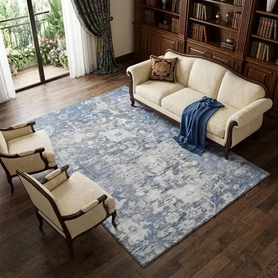 8' Blue Gray And Silver Floral Washable Area Rug With UV Protection Photo 1