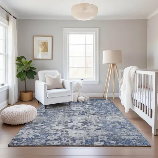 8' Blue Gray And Silver Floral Washable Area Rug With UV Protection Photo 4