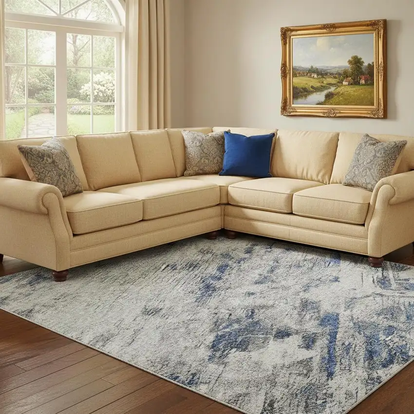 8' Blue Gray And Silver Floral Washable Area Rug With UV Protection Photo 2