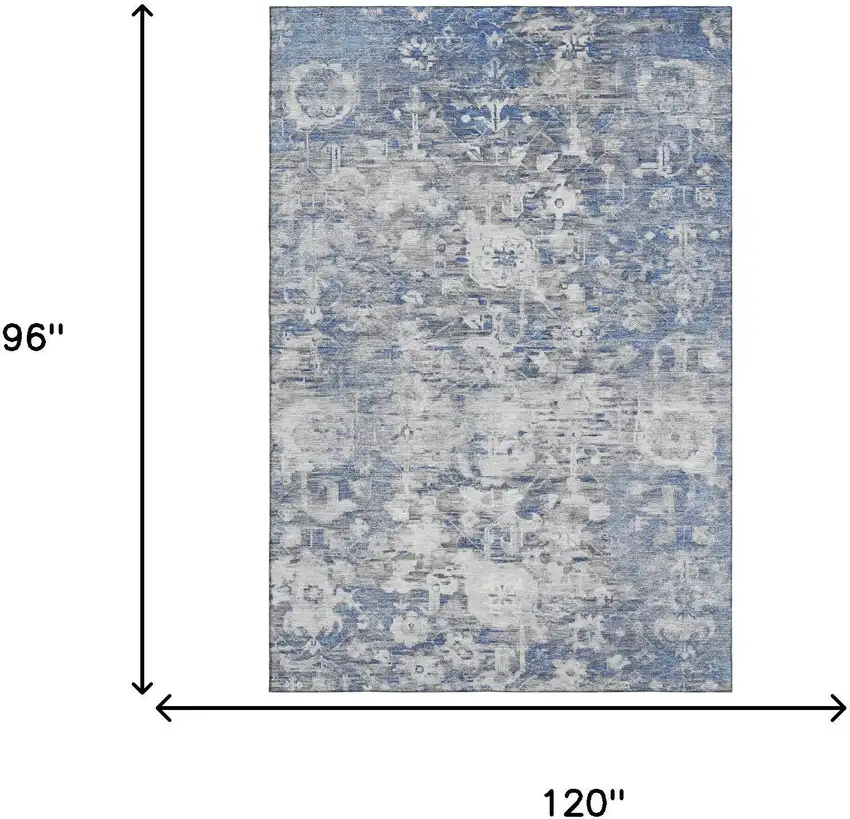 8' Blue Gray And Silver Floral Washable Area Rug With UV Protection Photo 5