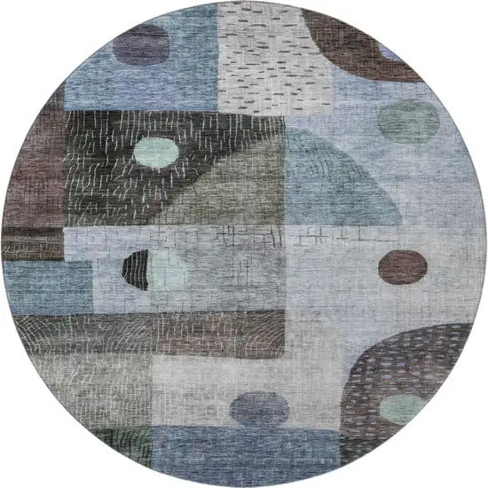 8' Blue Gray And Silver Geometric Washable Round Rug With UV Protection Photo 3