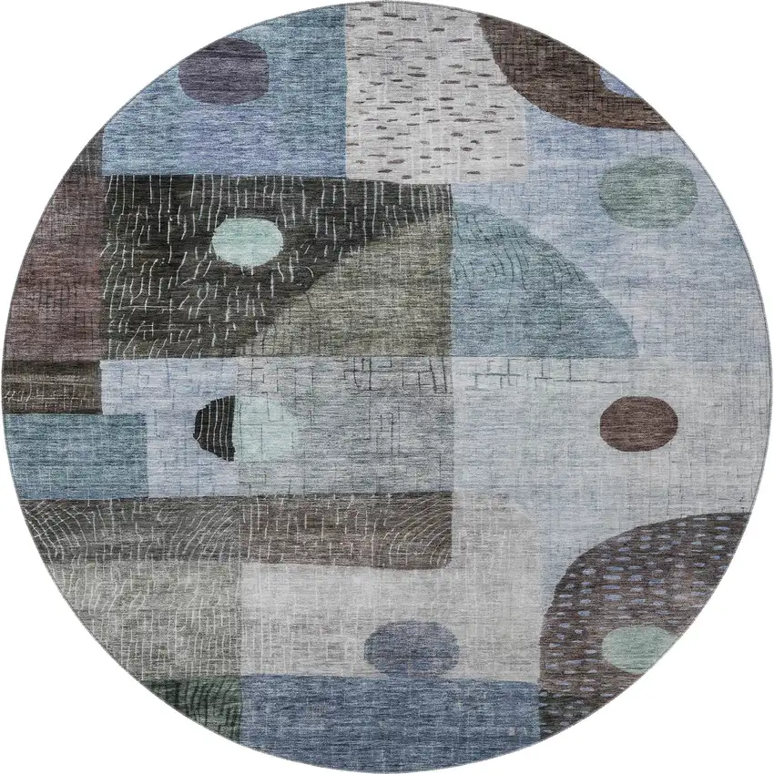 8' Blue Gray And Silver Geometric Washable Round Rug With UV Protection Photo 3