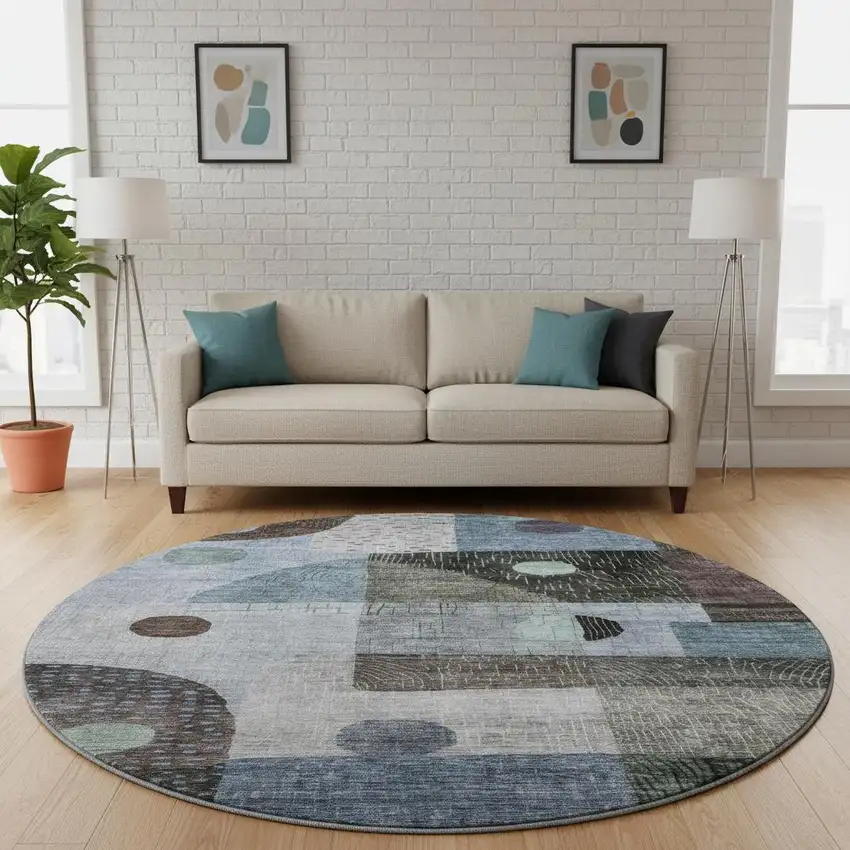 8' Blue Gray And Silver Geometric Washable Round Rug With UV Protection Photo 2