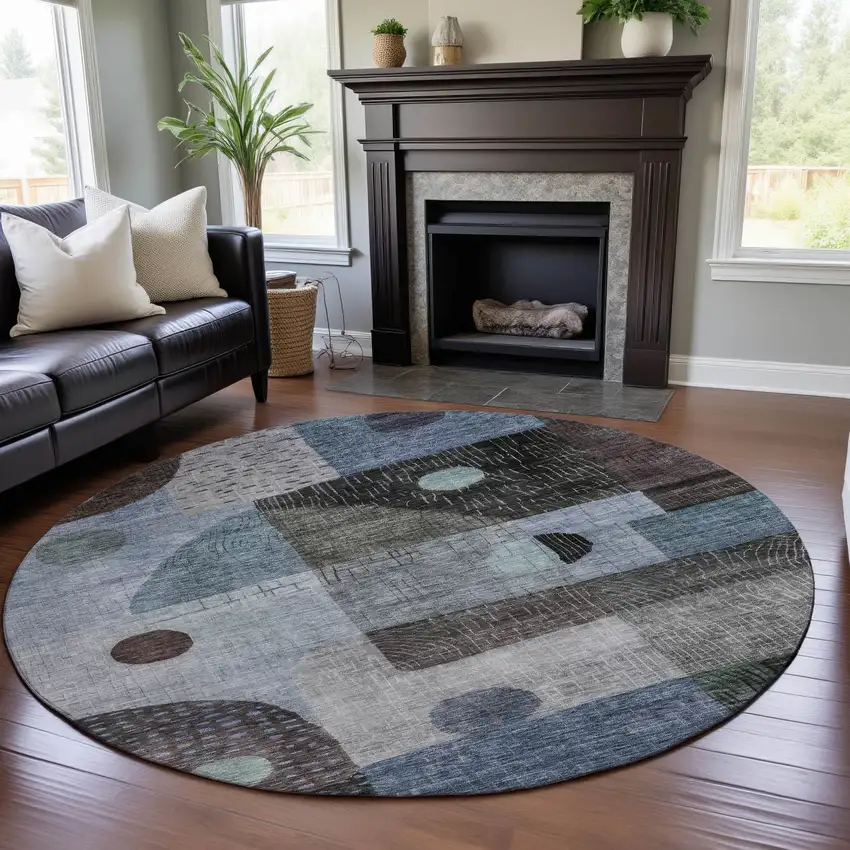 8' Blue Gray And Silver Geometric Washable Round Rug With UV Protection Photo 4