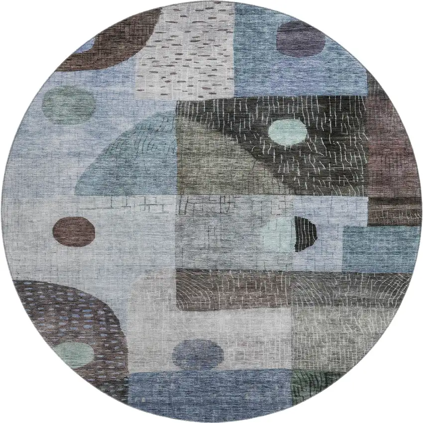 8' Blue Gray And Silver Geometric Washable Round Rug With UV Protection Photo 1