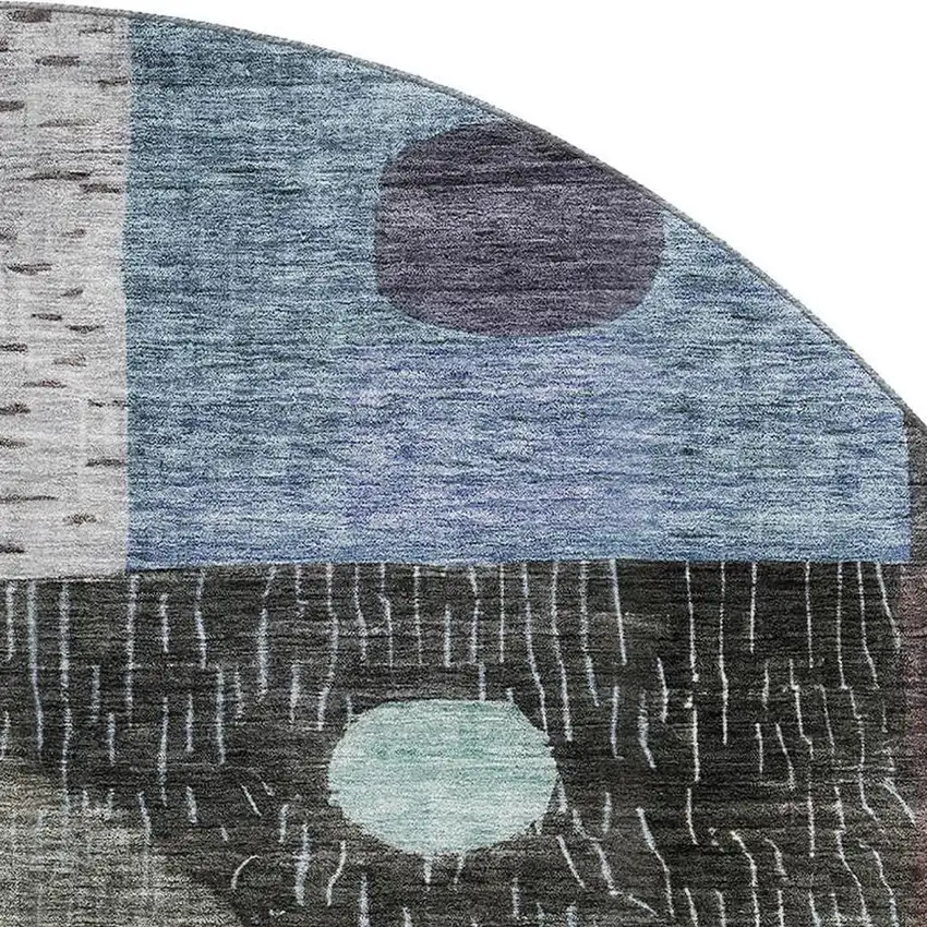 8' Blue Gray And Silver Geometric Washable Round Rug With UV Protection Photo 2