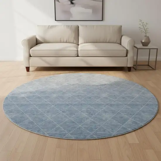 8' Blue Gray And Silver Geometric Washable Round Rug With UV Protection Photo 2