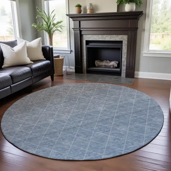 8' Blue Gray And Silver Geometric Washable Round Rug With UV Protection Photo 3