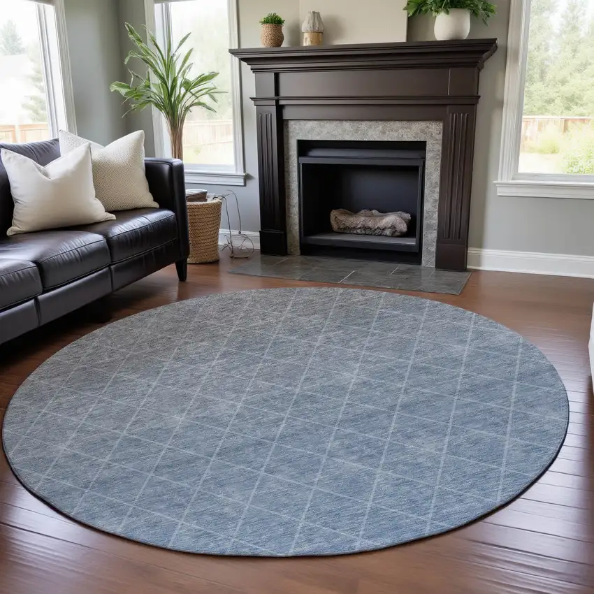 8' Blue Gray And Silver Geometric Washable Round Rug With UV Protection Photo 3