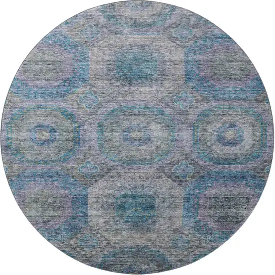 8' Blue Gray And Silver Geometric Washable Round Rug With UV Protection Photo 3
