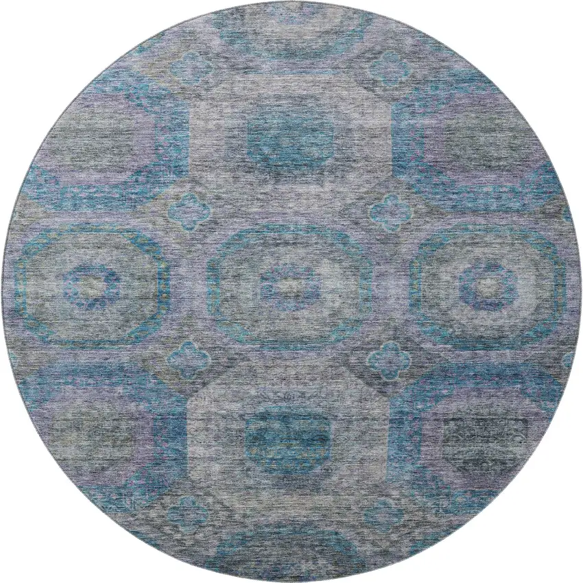 8' Blue Gray And Silver Geometric Washable Round Rug With UV Protection Photo 3