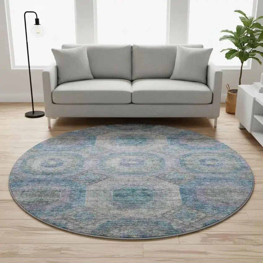 8' Blue Gray And Silver Geometric Washable Round Rug With UV Protection Photo 2