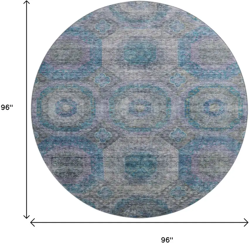 8' Blue Gray And Silver Geometric Washable Round Rug With UV Protection Photo 9