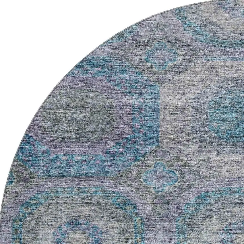 8' Blue Gray And Silver Geometric Washable Round Rug With UV Protection Photo 2